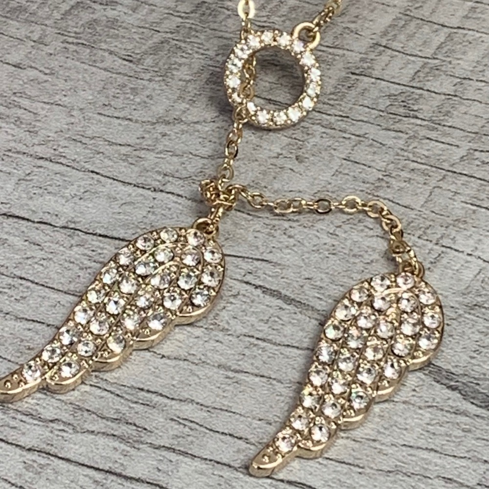 Gold Tone Crystal Pavé Angel Wing Lariat Necklace 25 Inch Drop Celestial